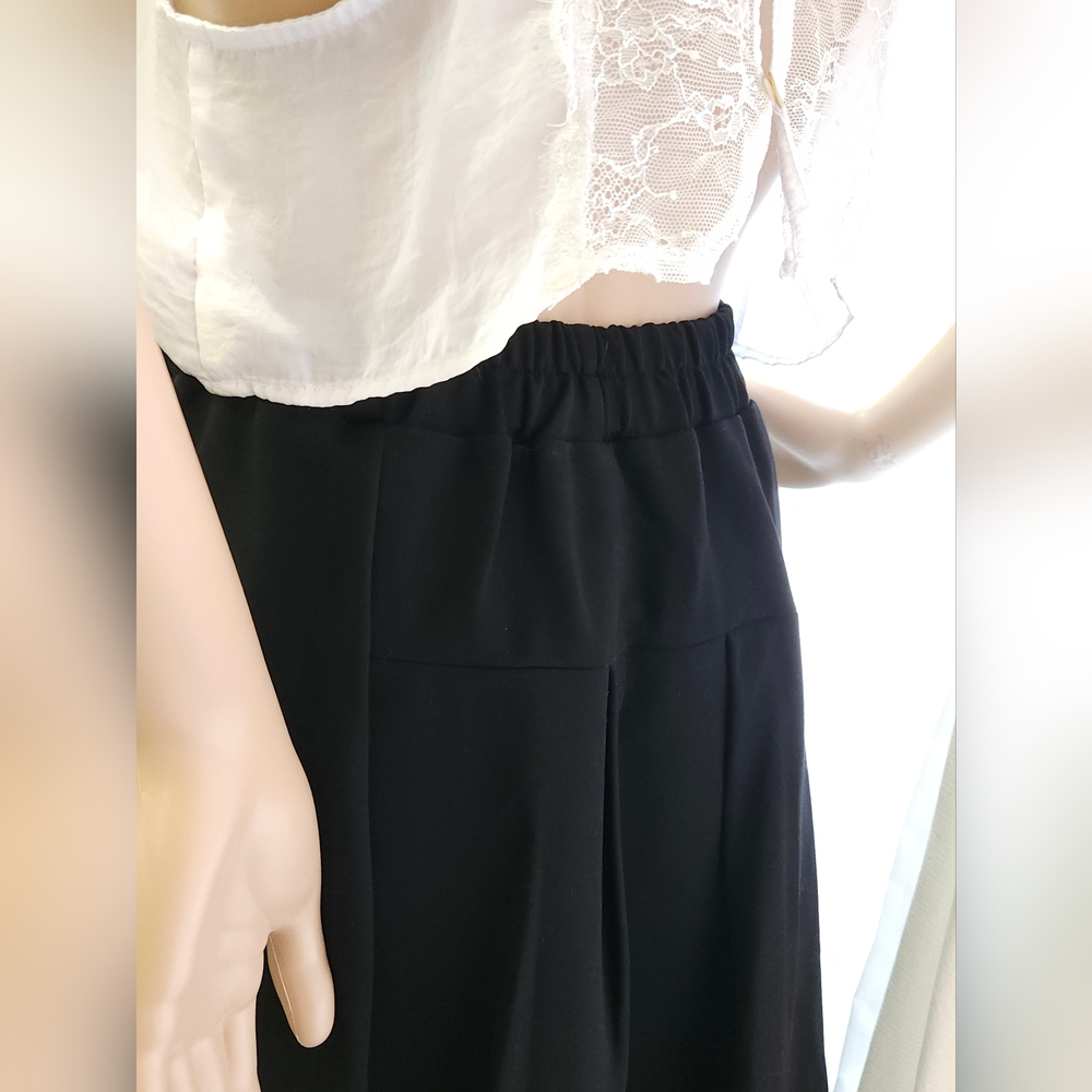Elegant Black Elastic Waist Asymmetrical Double Layer Ruffled Hem Midi Skirt - Picture 10 of 16